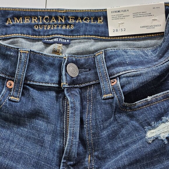 American Eagle Jeans Men 28x32 (30) Blue Distressed Extreme Flex 4 Slim Straight - Picture 3 of 16